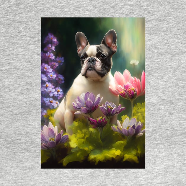 Pied French Bulldog in Flowers Card by candiscamera